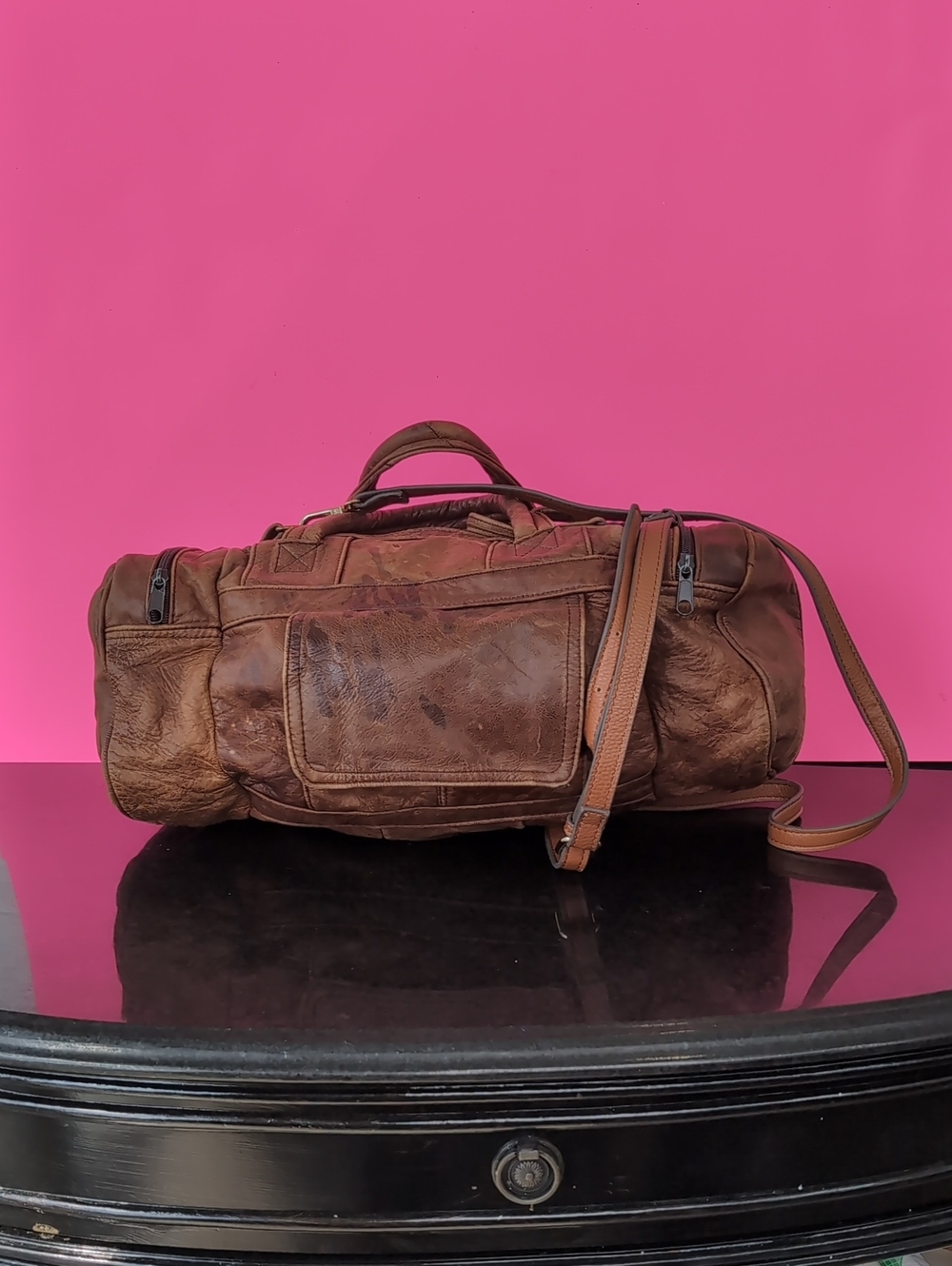 Brown Leather Weekender Duffel Bag - Men Size 17+6+8